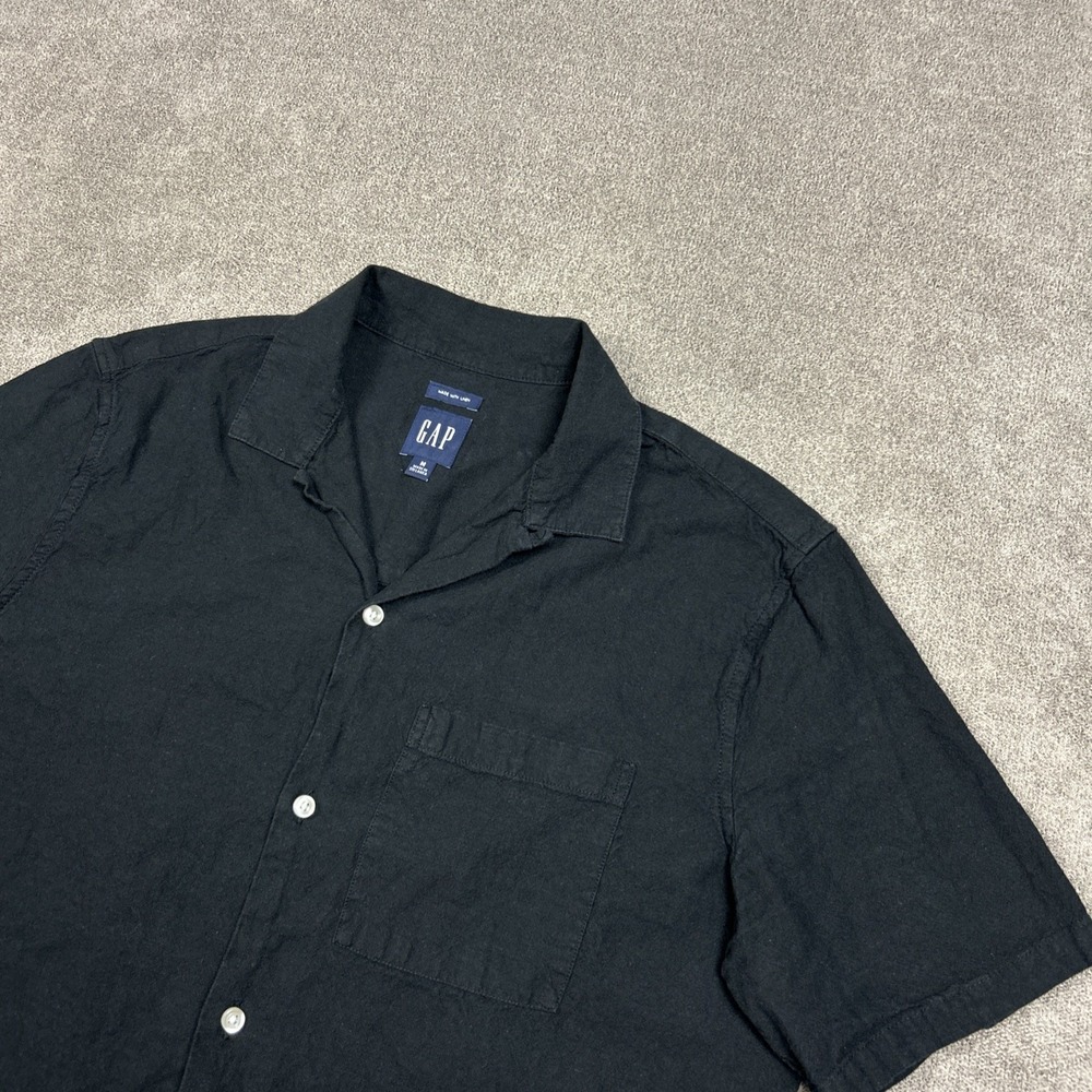 GAP Mens Linen Blend Loop Collar Shirt Medium Black Short Sleeve Camp Resort